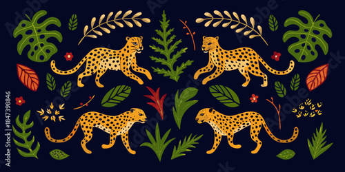 Symmetrical illustration of leopards amidst tropical foliage and vibrant floral elements