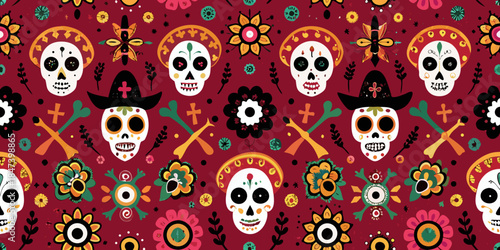 Colorful sugar skulls and floral designs create a vibrant day of the dead pattern