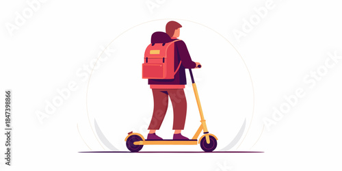 A young person riding a yellow electric scooter with a red backpack