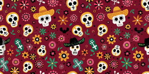 Colorful day of the dead skulls flowers and hats pattern design