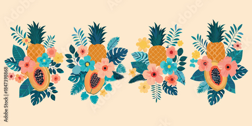 Tropical fruit and floral arrangements featuring pineapples papaya and lush greenery
