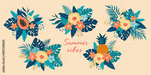 Tropical floral arrangements with papaya pineapple and lush botanical elements