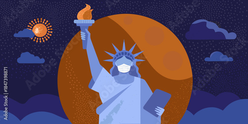 Statue of liberty wearing a mask during a time of challenge and uncertainty