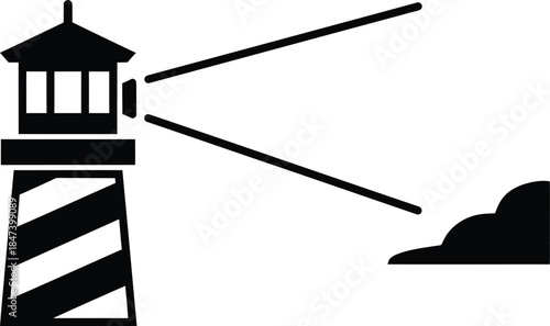 Black and white lighthouse icon with beam shining over water