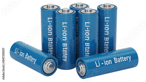 Photos Group of bright blue lithium ion batteries representing portable energy storage