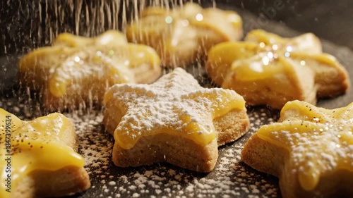 Star-shaped cookies, yellow icing, sprinkle of glitter and powdered sugar on a dark surface