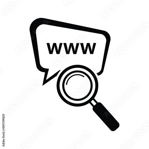 Magnifying glass examining www in speech bubble