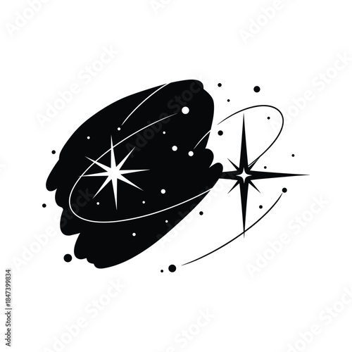 Black and white starry night sky with celestial bodies