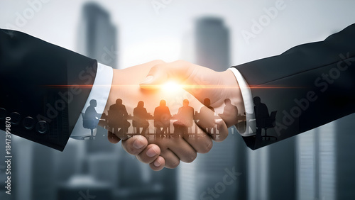 Business handshake with city skyline symbolizing partnership and success