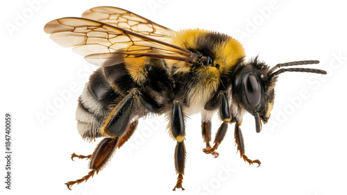 Detailed macro side profile of a fuzzy bumblebee insect on a solid for study