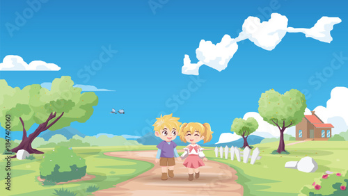 Cute cartoon couple boy and girl holding hands walking from house. Walking on soil road. With heart shaped clouds in blue sky. Arrows pierced both hearts. Happy Valentine's day vector illustration.