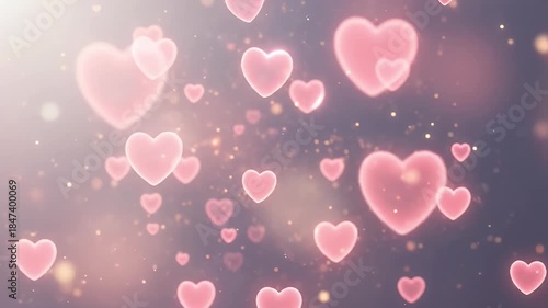 This vibrant animated background features an enchanting cascade of glowing, translucent pink heart shapes drifting gently upwards amidst a shimmering haze of golden particle bokeh lights. The soft, dr