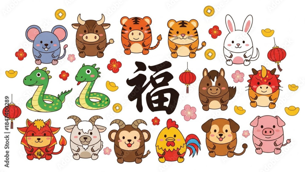 Obraz premium Chinese zodiac animals with lanterns and flowers on white background for chinese new year