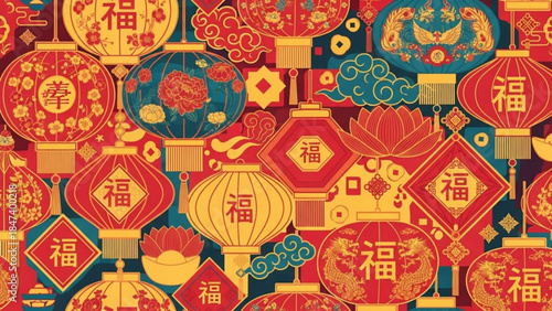 Vibrant chinese lanterns and floral patterns in red, gold, and blue for festive decoration