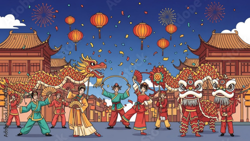 Vibrant chinese cultural festival with dragon dance performance at traditional temple