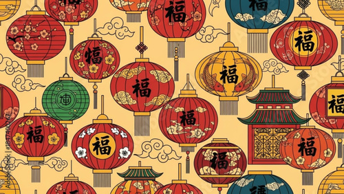 Vibrant chinese lanterns with intricate designs and characters on yellow background