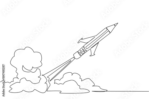 A creative single line drawing of a rocket shaped like a pencil blasting off, symbolizing the power of knowledge and progress for National Higher Education Day in a science concept design.