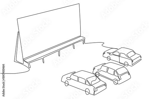 One line drawing design concept illustrating National Drive In Movie Day, with cars parked before a giant outdoor screen, symbolizing retro entertainment, nostalgia, and classic cinema culture.
