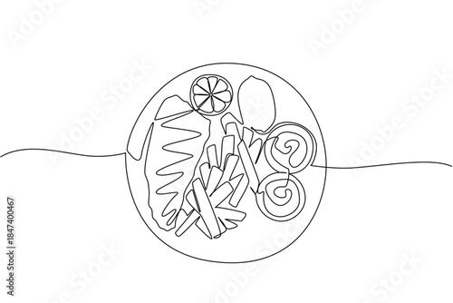 Continuous line drawing of fish and chips with sauces on a round plate, designed to celebrate National Fish and Chip Day, blending minimalism and food concept in modern illustration.