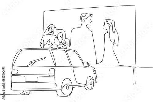 Continuous line drawing design concept for National Drive In Movie Day, portraying a young couple watching a film from their car roof, celebrating unity, nostalgia, and outdoor cinematic culture.