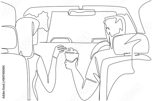 Single line drawing design concept celebrating National Drive In Movie Day, showing a young man and woman sharing popcorn inside a car, symbolizing romance, nostalgia, and cinematic joy.
