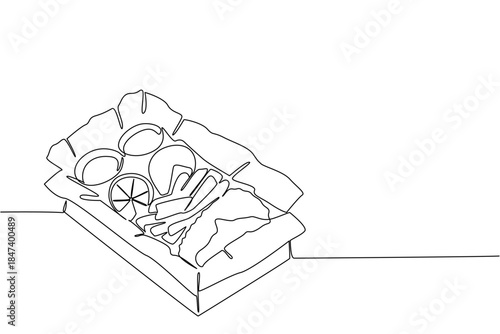 Continuous line drawing of classic fish and chips served in a takeaway box with sauces and lemon slices, representing National Fish and Chip Day in a food concept design.