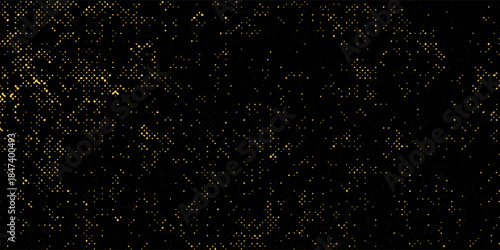 Vector halftone gold dots gradient diagonal tilt on black.