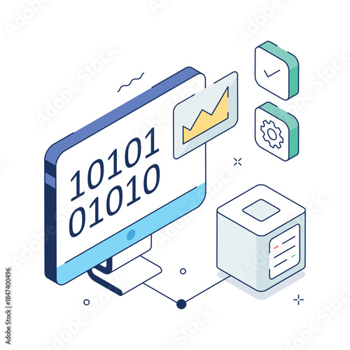 Scientific data modeling with binary analysis isometric illustration
