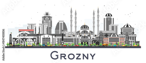 Grozny Russia city skyline with color buildings isolated on white. Illustration. Grozny cityscape with landmarks. Business travel and tourism concept with modern and historic architecture.