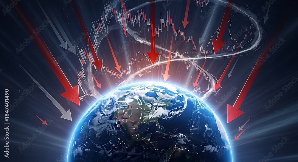 Obraz premium Concept of a worldwide financial crisis, market collapse, and economic recession as red arrows and charts descend upon the planet