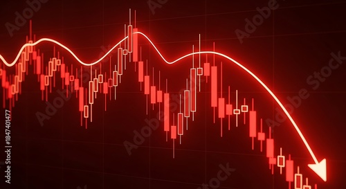 Red stock market chart displaying a dramatic downward trend and financial crisis, symbolizing economic recession, investment losses, and market collapse with a falling arrow