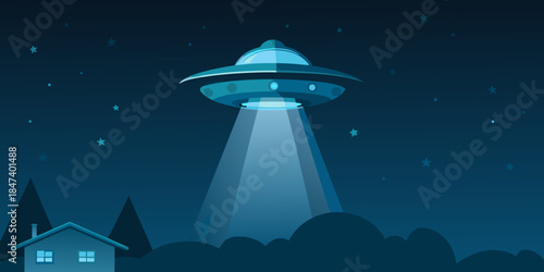 A glowing ufo hovers over a small town under a starry night sky