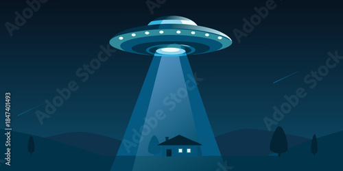 Ufo hovering over a rural landscape with a bright beam of light