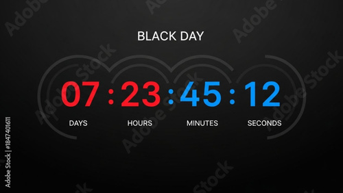 Black day countdown timer with red and blue numbers on a dark background