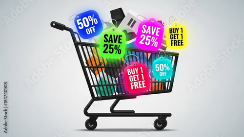 Shopping cart filled with colorful discount tags and products on grey background