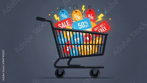 Shopping cart with colorful sale tags and discounts on dark background for marketing and retail concepts