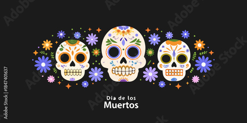 Colorful sugar skulls and floral decorations celebrate the day of the dead