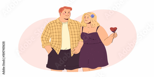 A happy couple holding hands with a heart shaped gift illustration