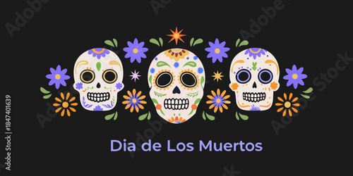 Dia de los muertos colorful sugar skulls and floral decorations on black background