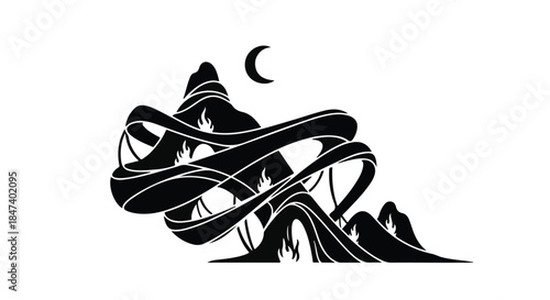 Mysterious dark ribbons flow over abstract mountains under a crescent moon.