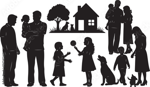 Diverse family silhouettes with home and pets