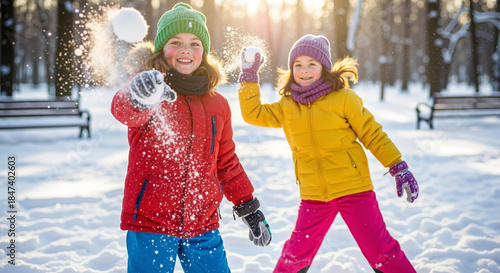 Two kids throwing snowballs and playing in the winter wonderland  