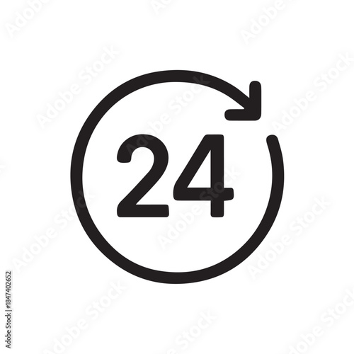 A simple vector illustration shows the number 24 inside a circle, symbolizing nonstop service, open all day operation, reliability, and continuous availability in a clean modern style.