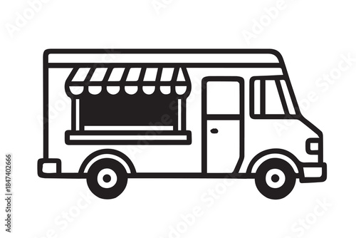 A simple vector illustration shows a mobile food truck with clean lines and minimal details, representing street food culture, mobility, creativity, and modern urban culinary business.
