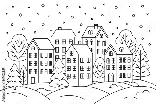 A simple vector illustration shows a classic snowy city during Christmas, with many houses covered in snow, warm lights glowing softly, creating a peaceful, festive, and timeless holiday atmosphere.