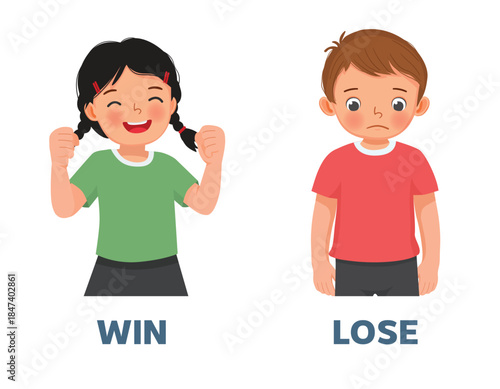 Opposite adjective antonym words win and lose illustration of little girl excited with victory and boy upset 