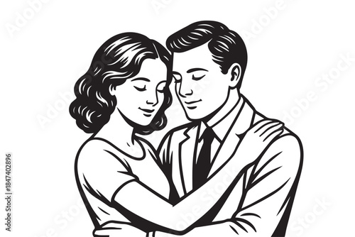 A simple vector illustration shows a classic couple embracing gently, wearing an elegant suit and dress, using clean lines and minimal details to express timeless romance and sophistication.