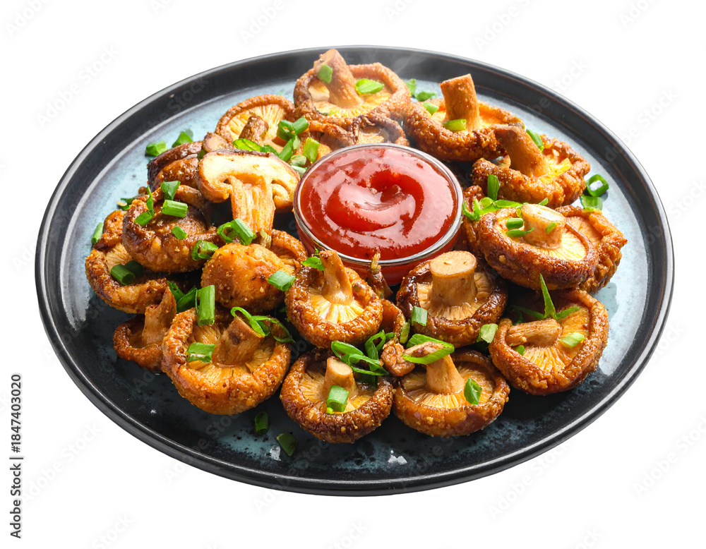 Fototapeta premium Hot fried shiitake mushrooms with green onions and spicy sauces on plate isolated on transparent png