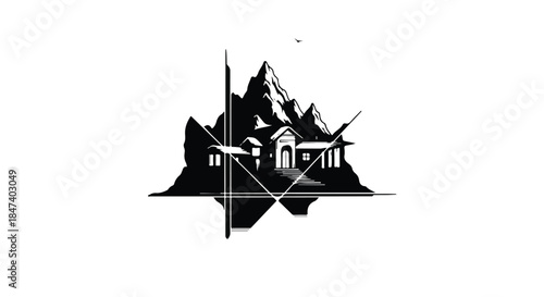 Abstract silhouette of a house nestled within dramatic mountain peaks, reflecting in water.