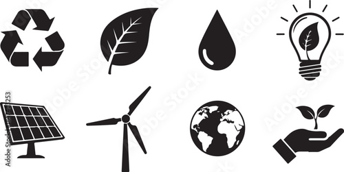 Eight black icons for green energy and nature